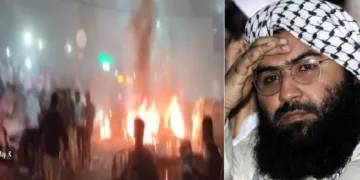 ദല്‍ഹിയില്‍ നടന്ന സ്ഫോടനത്തിന്‍റെ ദൃശ്യം (ഇടത്ത്) ജെയ്ഷ് എ മുഹമ്മദ് നേതാവ് മസൂദ് അസര്‍ (വലത്ത്)