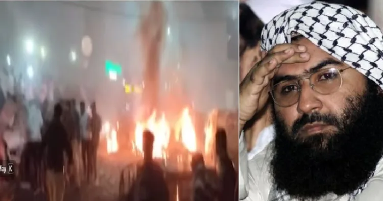 ദല്‍ഹിയില്‍ നടന്ന സ്ഫോടനത്തിന്‍റെ ദൃശ്യം (ഇടത്ത്) ജെയ്ഷ് എ മുഹമ്മദ് നേതാവ് മസൂദ് അസര്‍ (വലത്ത്)