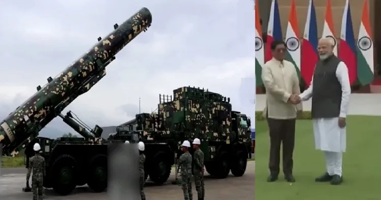 ഇന്ത്യ അയയ്ക്കാന്‍ ഒരുങ്ങുന്ന മൂന്നാമത്തേതും അവസാനത്തേതുമായ ബ്രഹ്മോസ് മിസൈല്‍ ബാറ്ററി ബാച്ച് (ഇടത്ത്) ഫിലിപ്പൈന്‍സ് പ്രസിഡന്‍റ് ഫെര്‍ഡിനന്‍റ് മാര്‍കോസ് ജൂനിയറും മോദിയും (വലത്ത്)