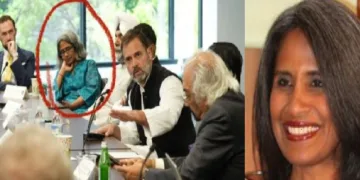 ജോര്‍ജ്ജ് സോറോസും സുനിത വിശ്വനാഥിനും അമേരിക്കയിലെ സമാന്തര അധികാരശൃംഖലയായ ഡീപ് സ്റ്റേറ്റുമായും ബന്ധമുണ്ട്. രാഹുല്‍ ഗാന്ധി സുനിത വിശ്വനാഥുമായി അമേരിക്കയില്‍ ചര്‍ച്ച നടത്തുന്നു. സോണിയാഗാന്ധിയുടെ വിശ്വസ്ഥനായ സാം പിത്രോദയെയും ചിത്രത്തില്‍ കാണാം. (ഇടത്ത്) സുനിത വിശ്വനാഥ് (വലത്ത്)