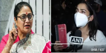 ദല്‍ഹി മുഖ്യമന്ത്രി രേഖാ ഗുപ്ത (ഇടത്ത്) ഭരണഘടന ഉയര്‍ത്തിപ്പിടിച്ച് സമരം ചെയ്യുന്ന യുവതി (വലത്ത്)