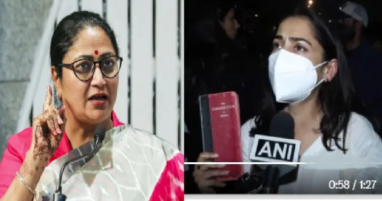 ദല്‍ഹി മുഖ്യമന്ത്രി രേഖാ ഗുപ്ത (ഇടത്ത്) ഭരണഘടന ഉയര്‍ത്തിപ്പിടിച്ച് സമരം ചെയ്യുന്ന യുവതി (വലത്ത്)