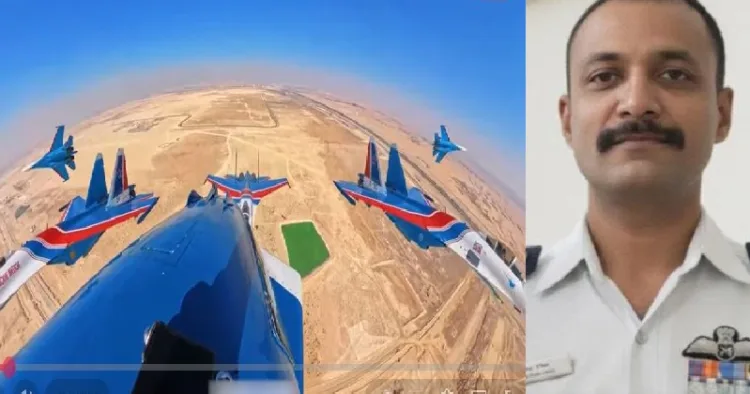 ദുബായ് എയര്‍ഷോയില്‍ മരിച്ച ഇന്ത്യയുടെ പൈലറ്റ് നമന്‍ഷ് സ്യാലിന് റഷ്യന്‍ യുദ്ധവിമാനപൈലറ്റുമാര്‍ നടത്തിയ മിസ്സിംഗ് മാന്‍ ഫോര്‍മേഷന്‍ എന്ന അനുശോചന അഭ്യാസം (ഇടത്ത്) മരണപ്പെട്ട നമന്‍ഷ് സ്യാല്‍ (വലത്ത്)