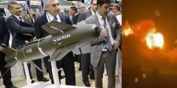 ഓപ്പറേഷന്‍ സിന്ദൂറില്‍ പാകിസ്ഥാനിലെ തീവ്രവാദപരിശീലനകേന്ദ്രങ്ങളില്‍ ഹാമര്‍ ബോംബ് നാശം വിതയ്ക്കുന്നു (വലത്ത്) ഫ്രാന്‍സിലെ സഫ്രാന്‍ കമ്പനി നിര്‍മ്മിക്കുന്ന ഹാമര്‍ ബോംബ് (ഇടത്ത്)