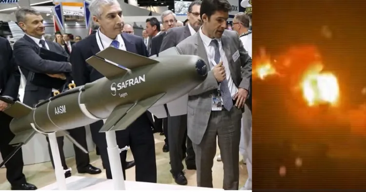 ഓപ്പറേഷന്‍ സിന്ദൂറില്‍ പാകിസ്ഥാനിലെ തീവ്രവാദപരിശീലനകേന്ദ്രങ്ങളില്‍ ഹാമര്‍ ബോംബ് നാശം വിതയ്ക്കുന്നു (വലത്ത്) ഫ്രാന്‍സിലെ സഫ്രാന്‍ കമ്പനി നിര്‍മ്മിക്കുന്ന ഹാമര്‍ ബോംബ് (ഇടത്ത്)