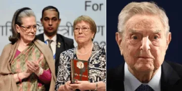 ഇന്ദിരാ സമാധാനസമ്മാനം സോണിയാഗാന്ധി മുന്‍ ചില പ്രസിഡന്‍റിന് സമ്മാനിക്കുന്നു (ഇടത്ത്) ജോര്‍ജ്ജ് സോറോസ് (വലത്ത്)