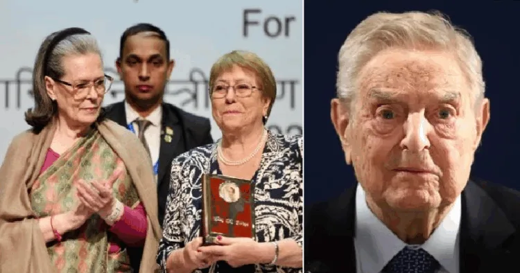 ഇന്ദിരാ സമാധാനസമ്മാനം സോണിയാഗാന്ധി മുന്‍ ചില പ്രസിഡന്‍റിന് സമ്മാനിക്കുന്നു (ഇടത്ത്) ജോര്‍ജ്ജ് സോറോസ് (വലത്ത്)