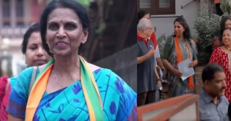 കോര്‍പറേഷന്‍ വാര്‍ഡില്‍ മത്സരിക്കുന്ന ശ്രീലേഖ തെരഞ്ഞെടുപ്പ് പ്രചാരണത്തിനിടയില്‍ (വലത്ത്)