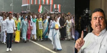 മമതയുടെ നേതൃത്വത്തില്‍ എസ് ഐ ആറിനെതിരെ കൊല്‍ക്കൊത്തയില്‍ നടന്ന പ്രകടനം (ഇടത്ത്) പ്രതിപക്ഷനേതാവായ ബിജെപിയുടെ സുവേന്ദു അധികാരി (വലത്ത്)