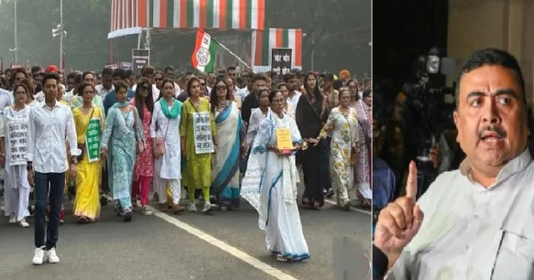 മമതയുടെ നേതൃത്വത്തില് എസ് ഐ ആറിനെതിരെ കൊല്ക്കൊത്തയില് നടന്ന പ്രകടനം (ഇടത്ത്) പ്രതിപക്ഷനേതാവായ ബിജെപിയുടെ സുവേന്ദു അധികാരി (വലത്ത്)