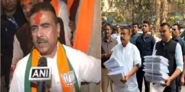 സുവേന്ദു അധികാരി തൃണമൂല്‍ കോണ്‍ഗ്രസ് വോട്ടര്‍പട്ടികയില്‍ തിരുകിക്കയറ്റിയ ബംഗ്ലാദേശ് നുഴഞ്ഞുകയറ്റക്കാരുടെ വോട്ടര്‍പട്ടികപേജുകളുമായി തെരഞ്ഞെടുപ്പ് കമ്മീഷന്‍ മുന്‍പാകെ എത്തുന്നു (വലത്ത്)