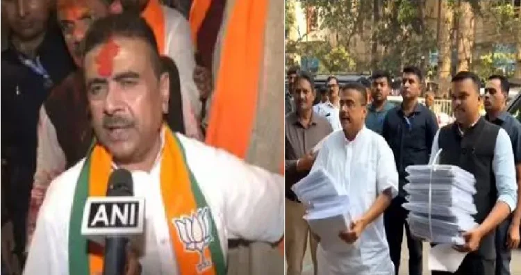 സുവേന്ദു അധികാരി തൃണമൂല്‍ കോണ്‍ഗ്രസ് വോട്ടര്‍പട്ടികയില്‍ തിരുകിക്കയറ്റിയ ബംഗ്ലാദേശ് നുഴഞ്ഞുകയറ്റക്കാരുടെ വോട്ടര്‍പട്ടികപേജുകളുമായി തെരഞ്ഞെടുപ്പ് കമ്മീഷന്‍ മുന്‍പാകെ എത്തുന്നു (വലത്ത്)