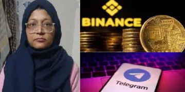 ഹരിയാനയിലെ ഫരീദാബാദിലെ ഭീകരസംഘത്തിലെ വനിതാ ഡോക്ടറായ ഷഹീന്‍ ഷഹീദ് (ഇടത്ത്) ഇവര്‍ പണമിടപാടിന് ഉപയോഗിച്ചെന്ന് കരുതുന്ന ബിനാന്‍സ് ബിറ്റ് കോയിന്‍, വിവരം കൈമാറാന്‍ ഉപയോഗിച്ച ടെലഗ്രാം (വലത്ത്)