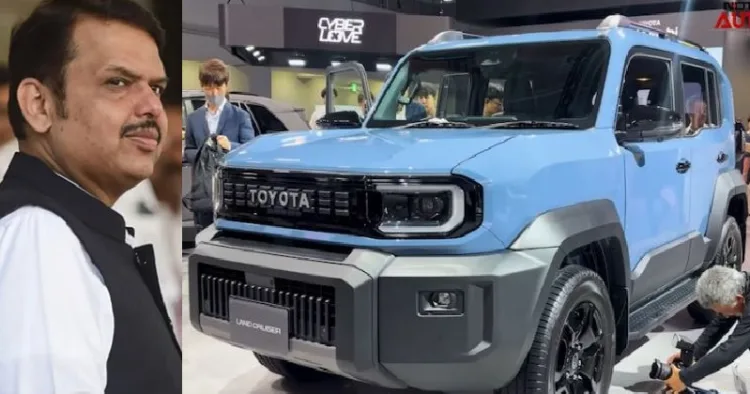 മഹാരാഷ്ട്ര മുഖ്യമന്ത്രി ദേവേന്ദ്ര ഫഡ്നാവിസ് (ഇടത്ത്) മഹാരാഷ്ട്രയിലെ 827 ഏക്കറില്‍ ഒരുങ്ങുന്ന നിര്‍മ്മാണപ്ലാന്‍റില്‍ നിന്നും പുറത്തിറങ്ങാന്‍ പോകുന്ന ടൊയോട്ട ലാൻഡ് ക്രൂയിസർ എഫ്‍ജെ (വലത്ത്)