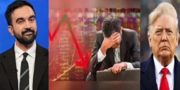 ന്യൂയോര്‍ക്ക് മേയറായി തെരഞ്ഞെടുക്കപ്പെട്ട സൊഹ്റാന്‍ മംദാനി (ഇടത്ത്) തകര്‍ന്നടിഞ്ഞ് യുഎസ് ഓഹരിവിപണി (നടുവില്‍)