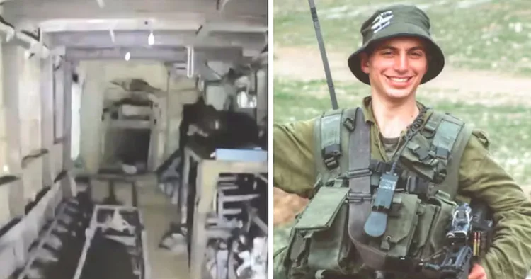 ഐഡിഎഫ് കണ്ടെത്തിയ തുരങ്കത്തിനുള്ളിലെ ദ്യശ്യം (ഇടത്), ഹമാസ് വധിച്ച ഇസ്രയേല് സൈനികന് ലെഫ്. ഹദര് ഗോള്ഡ്