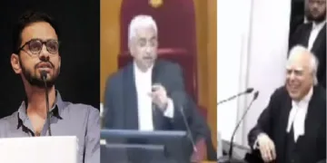 53 പേര്‍ കൊല്ലപ്പെട്ട ദല്‍ഹി കലാപത്തില്‍ പ്രതിയായ ഉമര്‍ഖാലിദ് (ഇടത്ത്) സുപ്രീംകോടതി ജഡ്ജി (നടുവില്‍) കപില്‍ സിബല്‍ (വലത്ത്)