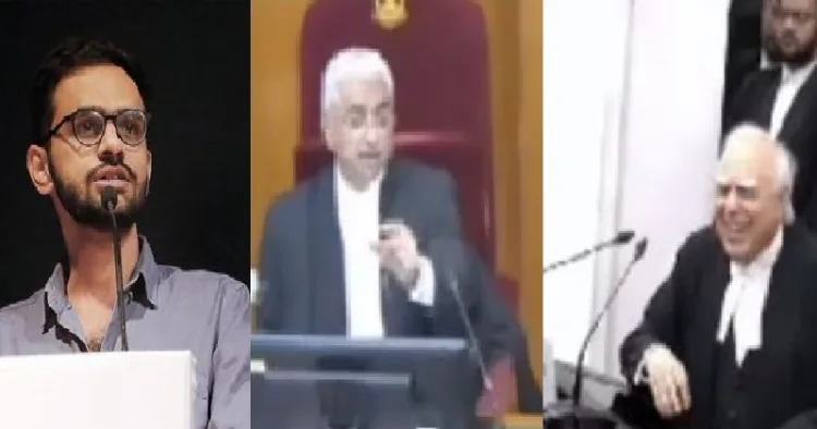 53 പേര്‍ കൊല്ലപ്പെട്ട ദല്‍ഹി കലാപത്തില്‍ പ്രതിയായ ഉമര്‍ഖാലിദ് (ഇടത്ത്) സുപ്രീംകോടതി ജഡ്ജി (നടുവില്‍) കപില്‍ സിബല്‍ (വലത്ത്)