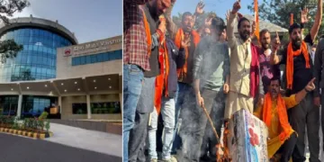 വൈഷ്ണോദേവി മെഡിക്കല്‍ കോളെജ് (ഇടത്ത്) വിഎച്ച്പി, ബജ്രംഗ് ദള്‍ പ്രവര്‍ത്തകരുടെ പ്രതിഷേധം (വലത്ത്)