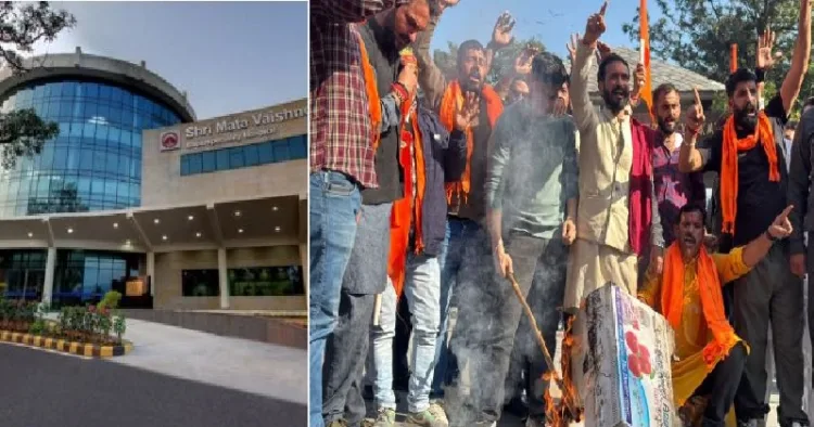 വൈഷ്ണോദേവി മെഡിക്കല് കോളെജ് (ഇടത്ത്) വിഎച്ച്പി, ബജ്രംഗ് ദള് പ്രവര്ത്തകരുടെ പ്രതിഷേധം (വലത്ത്)