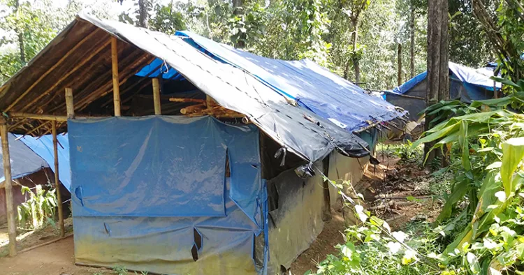 പന്തപ്രയിലെ വനവാസികള്‍ താമസിക്കുന്ന പ്ലാസ്റ്റിക് ഷീറ്റ് മറച്ച കുടിലുകളില്‍ ഒന്ന്. ഇത്തരം 60 കുടിലുകളാണ് ഇവിടെ ഉള്ളത്‌