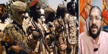 സുഡാനിലെ ആര്‍എസ് എഫ് എന്ന ഇസ്ലാമിക ഭീകരസംഘടനയില്‍പ്പെട്ടവര്‍ (വലത്ത്) വിദ്യാസാഗര്‍ ഗുരുമൂര്‍ത്തി (വലത്ത്)