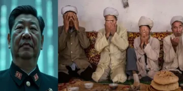 പീഢിപ്പിക്കപ്പെടുന്ന ഉയ് ഗുര്‍ വിഭാഗത്തില്‍പ്പെടുന്ന മുസ്ലിങ്ങള്‍ (വലത്ത്) ഏകാധിപതിയായ ചൈനീസ് പ്രസിഡന്‍റ് ഷീ ജിന്‍പിങ്ങ് (ഇടത്ത്)