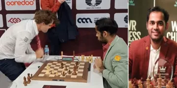 തോല്‍വി താങ്ങാനാവാതെ മേശയില്‍ ഇടിക്കുന്ന മാഗ്നസ് കാള്‍സന്‍ (ഇടത്ത്) അര്‍ജുന്‍ എരിഗെയ്സി (വലത്ത്)