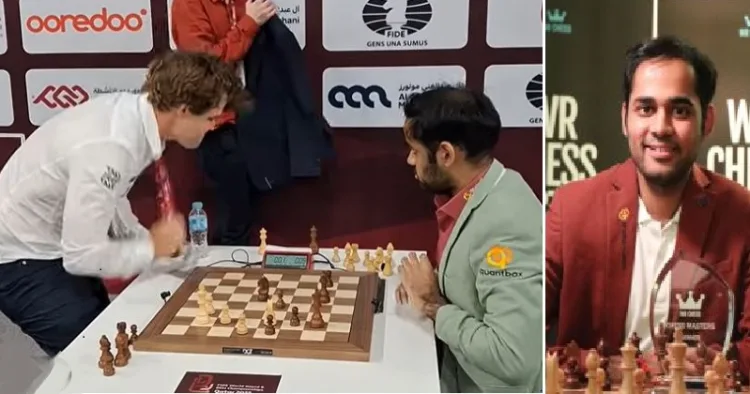 തോല്‍വി താങ്ങാനാവാതെ മേശയില്‍ ഇടിക്കുന്ന മാഗ്നസ് കാള്‍സന്‍ (ഇടത്ത്) അര്‍ജുന്‍ എരിഗെയ്സി (വലത്ത്)