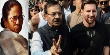 ബംഗാൾ കായിക മന്ത്രി അരൂപ് ബിശ്വാസ് മെസ്സിയ്ക്കൊപ്പം (വലത്ത്)