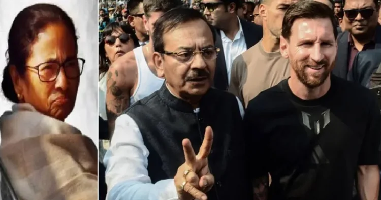 ബംഗാൾ കായിക മന്ത്രി അരൂപ് ബിശ്വാസ് മെസ്സിയ്ക്കൊപ്പം (വലത്ത്)