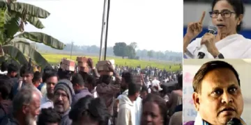 ബാബറി മസ്ജിദ് തറക്കല്ലിടലിനായി ഇഷ്ടികകളുമായി ആളുകള്‍ എത്തുന്നു (ഇടത്ത്) തൃണമൂല്‍ എംഎല്‍എ ഹുമയൂണ്‍ കബീര്‍ (വലത്ത് താഴെ)