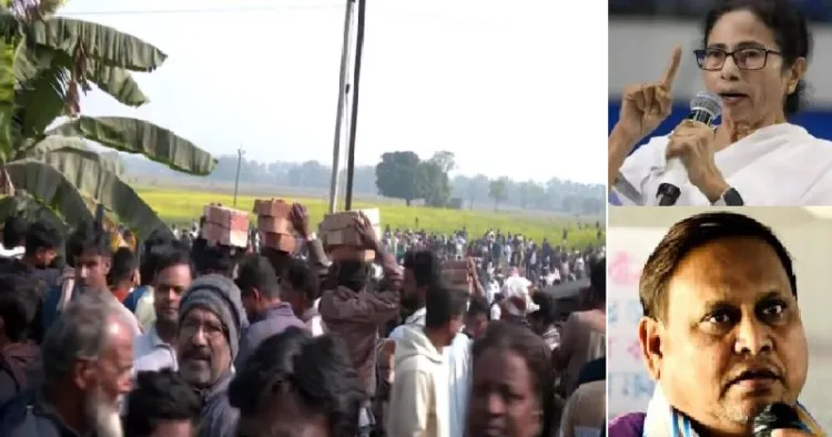 ബാബറി മസ്ജിദ് തറക്കല്ലിടലിനായി ഇഷ്ടികകളുമായി ആളുകള്‍ എത്തുന്നു (ഇടത്ത്) തൃണമൂല്‍ എംഎല്‍എ ഹുമയൂണ്‍ കബീര്‍ (വലത്ത് താഴെ)