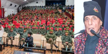 ലഡാക്കിലെ തന്ത്രപ്രധാന സ്ഥലങ്ങളില്‍ അടിസ്ഥാന സൗകര്യ വികസനത്തിനായി ബിആര്‍ഒ പുതിയതായി പൂര്‍ത്തിയാക്കിയ പദ്ധതികളുടെ ഉദ്ഘാടനച്ചടങ്ങില്‍ പ്രതിരോധമന്ത്രി രാജ്‌നാഥ് സിങ് സംസാരിക്കുന്നു