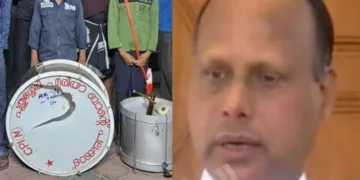 കരോള്‍ സംഘം ഉപയോഗിച്ച സിപിഎമ്മിന്‍റെ പുതുശ്ശേരി ഏരിയ ബാൻഡ് എന്നെഴുതിയ ഡ്രം കാണാം (ഇടത്ത്) പാലക്കാട് രൂപതാ ബിഷപ്പ് പീറ്റര്‍ കൊച്ചുപുരയ്ക്കല്‍ (വലത്ത്)