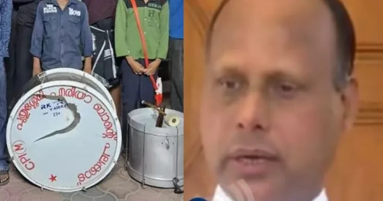 കരോള്‍ സംഘം ഉപയോഗിച്ച സിപിഎമ്മിന്‍റെ പുതുശ്ശേരി ഏരിയ ബാൻഡ് എന്നെഴുതിയ ഡ്രം കാണാം (ഇടത്ത്) പാലക്കാട് രൂപതാ ബിഷപ്പ് പീറ്റര്‍ കൊച്ചുപുരയ്ക്കല്‍ (വലത്ത്)