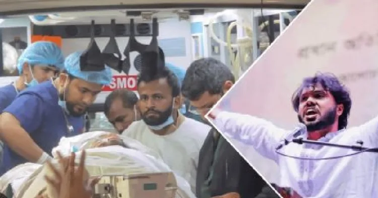 വെടിയേറ്റ വിദ്യാര്‍ത്ഥി നേതാവ് ഹാദിയെ വിദഗ്ധ ചികിത്സയ്ക്കായി സിംഗപ്പൂരിലേക്ക് എയര്‍ ആംബുലന്‍സില്‍ കൊണ്ടുപോകുന്നു (ഇടത്ത്) ഹാദി (വലത്ത്)