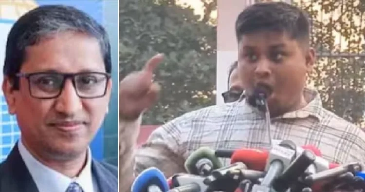 ഇന്ത്യയിലെ ബംഗ്ലാദേശ് ഹൈക്കമ്മീഷണർ റിയാസ് ഹമീദുള്ള (ഇടത്ത്) ബംഗ്ലാദേശിലെ നാഷണല് സിറ്റിസണ് പാര്ട്ടിയുടെ (എന്സിപി) പ്രമുഖ നേതാവ് ഹസ്നത്ത് അബ്ദുള്ള (വലത്ത്)