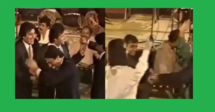 പാകിസ്ഥാന്‍ ക്രിക്കറ്റ് താരം ജാവേദ് മിയാന്‍ദാദും ബോളിവുഡ് താരം വിനോദ് ഖന്നയും പാകിസ്ഥാനിലെ ലാഹോറില്‍ നൃത്തം ചെയ്യുന്നു (ഇടത്ത്) നടി രേഖയും ഈ ധനസമാഹരണ പരിപാടിയുടെ ഭാഗമായി ലാഹോറില്‍ നൃത്തം ചെയ്യുന്നു (വലത്ത്)