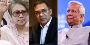 ഖാലിദ സിയ (ഇടത്ത്) താരിഖ് സിയ (നടുവില്‍) മുഹമ്മദ് യൂനസ് (വലത്ത്)