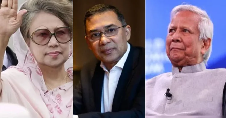 ഖാലിദ സിയ (ഇടത്ത്) താരിഖ് സിയ (നടുവില്‍) മുഹമ്മദ് യൂനസ് (വലത്ത്)