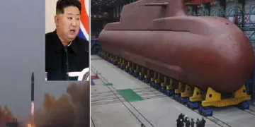 വടക്കന്‍ കൊറിയ നിര്‍മ്മാണം പൂര്‍ത്തിയാക്കുന്ന ആണവമിസൈല്‍ അയയ്ക്കാന്‍ ശേഷിയുള്ള 8700 ടണ്‍ ഭാരമുള്ള മുങ്ങിക്കപ്പല്‍ (വലത്ത്) വടക്കന്‍ കൊറിയ പരീക്ഷിച്ച 2000 കിലോമീറ്റര്‍ ദൂരപരിധിയുള്ള ക്രൂയിസ് മിസൈല്‍ (ഇടത്ത്) വടക്കന്‍ കൊറിയയുടെ നേതാവ് കി ജോങ് ഉന്‍ (ഇടത്ത് മുകളില്‍)