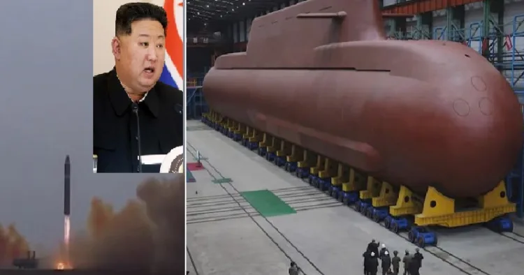 വടക്കന്‍ കൊറിയ നിര്‍മ്മാണം പൂര്‍ത്തിയാക്കുന്ന ആണവമിസൈല്‍ അയയ്ക്കാന്‍ ശേഷിയുള്ള 8700 ടണ്‍ ഭാരമുള്ള മുങ്ങിക്കപ്പല്‍ (വലത്ത്) വടക്കന്‍ കൊറിയ പരീക്ഷിച്ച 2000 കിലോമീറ്റര്‍ ദൂരപരിധിയുള്ള ക്രൂയിസ് മിസൈല്‍ (ഇടത്ത്) വടക്കന്‍ കൊറിയയുടെ നേതാവ് കി ജോങ് ഉന്‍ (ഇടത്ത് മുകളില്‍)