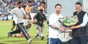 വാംഖഡെ സ്റ്റേഡിയത്തില്‍ മെസി കുട്ടികള്‍ക്കൊപ്പം ഫുട്‌ബോള്‍ കളിക്കുന്നു, മുംബൈയിലെത്തിയ അര്‍ജന്റീനിയന്‍ ഫുട്‌ബോള്‍ താരം ലയണല്‍ മെസിയെ മഹാരാഷ്ട്ര മുഖ്യമന്ത്രി ദേവേന്ദ്ര ഫഡ്നാവിസ് സ്വീകരിക്കുന്നു