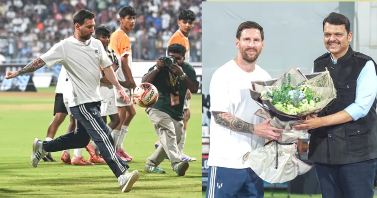 വാംഖഡെ സ്റ്റേഡിയത്തില്‍ മെസി കുട്ടികള്‍ക്കൊപ്പം ഫുട്‌ബോള്‍ കളിക്കുന്നു, മുംബൈയിലെത്തിയ അര്‍ജന്റീനിയന്‍ ഫുട്‌ബോള്‍ താരം ലയണല്‍ മെസിയെ മഹാരാഷ്ട്ര മുഖ്യമന്ത്രി ദേവേന്ദ്ര ഫഡ്നാവിസ് സ്വീകരിക്കുന്നു