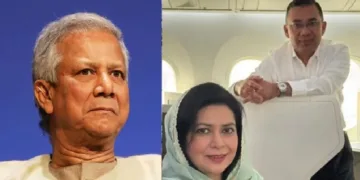 മുഹമ്മദ് യൂനസ് (ഇടത്ത്) 17 വര്‍ഷത്തെ ഇടവേളയ്ക്ക് ശേഷം ലണ്ടനില്‍ നിന്നും ബംഗ്ലാദേശില്‍ എത്തുന്ന ബിഎന്‍പി നേതാവ് ഖാലിദ സിയയുടെ മകന്‍ താരിഖ് റഹ്മാനും ഭാര്യ ഡോ. സുബൈദും (വലത്ത്)
