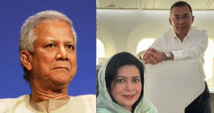 മുഹമ്മദ് യൂനസ് (ഇടത്ത്) 17 വര്‍ഷത്തെ ഇടവേളയ്ക്ക് ശേഷം ലണ്ടനില്‍ നിന്നും ബംഗ്ലാദേശില്‍ എത്തുന്ന ബിഎന്‍പി നേതാവ് ഖാലിദ സിയയുടെ മകന്‍ താരിഖ് റഹ്മാനും ഭാര്യ ഡോ. സുബൈദും (വലത്ത്)