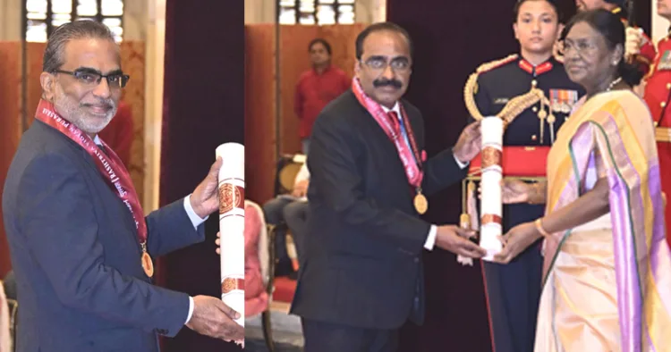 ഐഐടി മദ്രാസ് പ്രൊഫസര് പ്രദീപ് തളപ്പില്, ബെംഗളുരൂ ഐഎസ്ആര്ഒ ശാസ്ത്രജ്ഞന് എന്. ജയന് എന്നിവര് രാഷ്ട്രപതി ദ്രൗപദി മുര്മുവില് നിന്ന് വിജ്ഞാന്ശ്രീ പുരസ്കാരം ഏറ്റുവാങ്ങിയപ്പോള്.