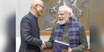 ന്യൂദല്‍ഹിയില്‍ മൈക്രോസോഫ്റ്റ് സിഇഒ സത്യ നാദെല്ല പ്രധാനമന്ത്രി നരേന്ദ്ര മോദിയെ സന്ദര്‍ശിച്ചപ്പോള്‍