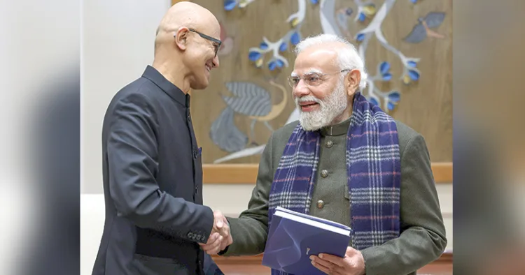 ന്യൂദല്‍ഹിയില്‍ മൈക്രോസോഫ്റ്റ് സിഇഒ സത്യ നാദെല്ല പ്രധാനമന്ത്രി നരേന്ദ്ര മോദിയെ സന്ദര്‍ശിച്ചപ്പോള്‍